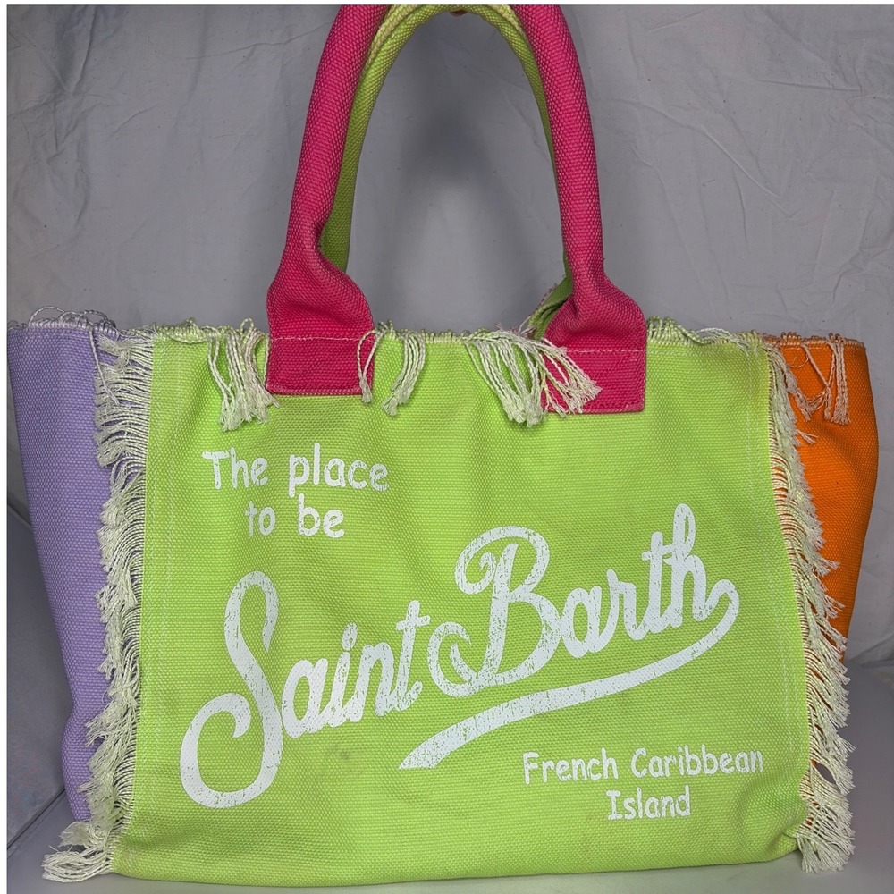 MC2 Saint Barth Canvas Tote Bag Colorblock Fringe Beach Bag Neon Pink Green